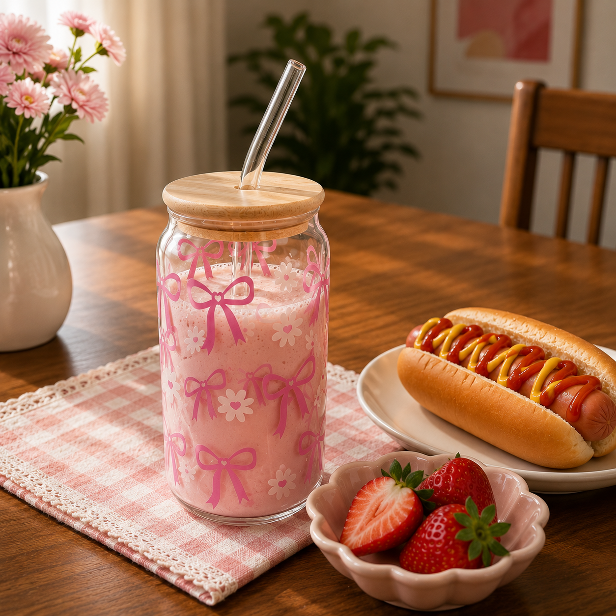 Printed Bow Glass Tumbler with Straw - All-In-One Store Pakistan