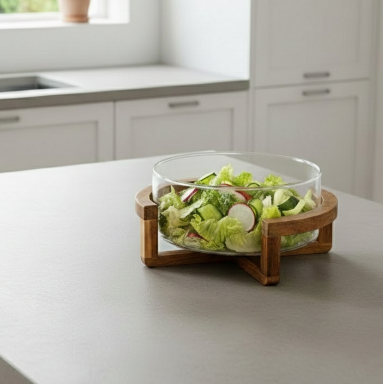 Classy Glass Serving Bowl with Wood Stand (1153) - All-In-One Store Pakistan