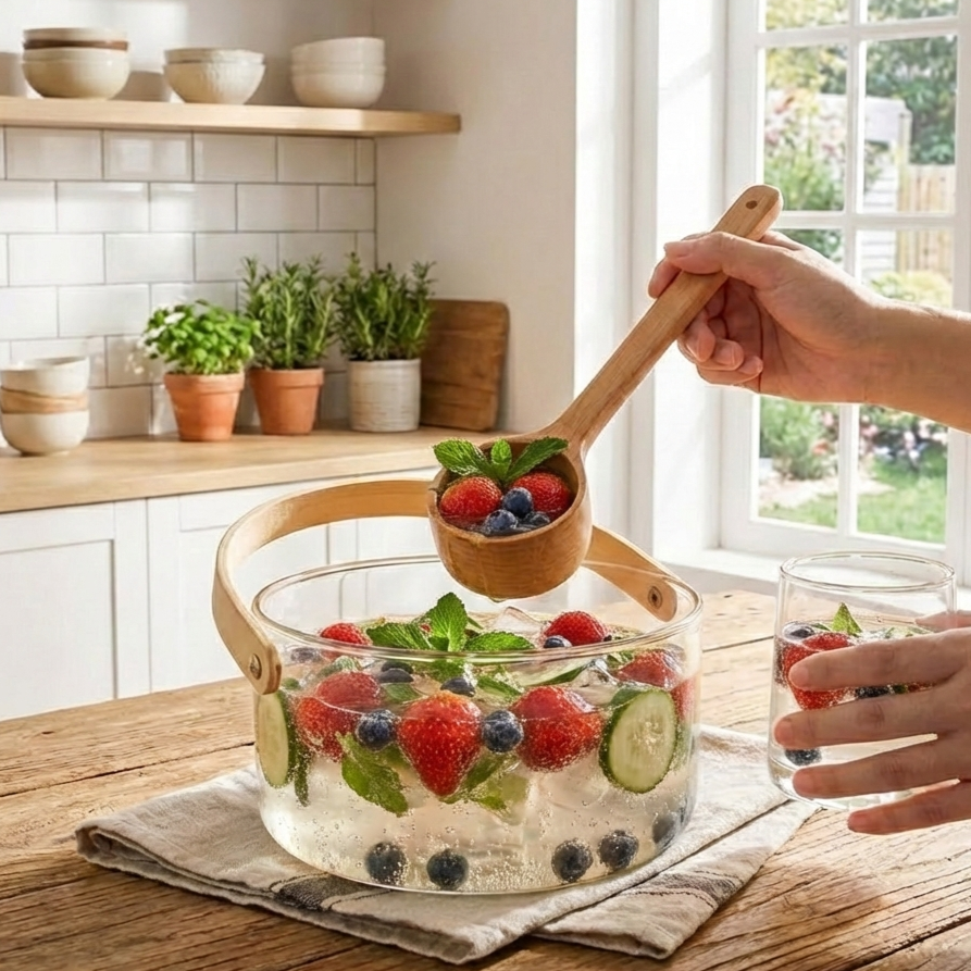 Elegant Glass Serving Bowl with Wood Handle (1161) - All-In-One Store Pakistan