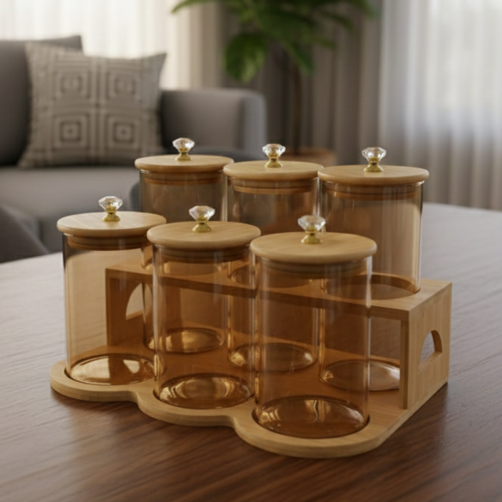 TintedDiamond 6-Pcs Glass Jar Set with Bamboo Stand (1119) - All-In-One Store Pakistan