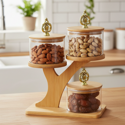 TriLevel Ribbed Glass Container Set with Bamboo Stand - All-In-One Store Pakistan