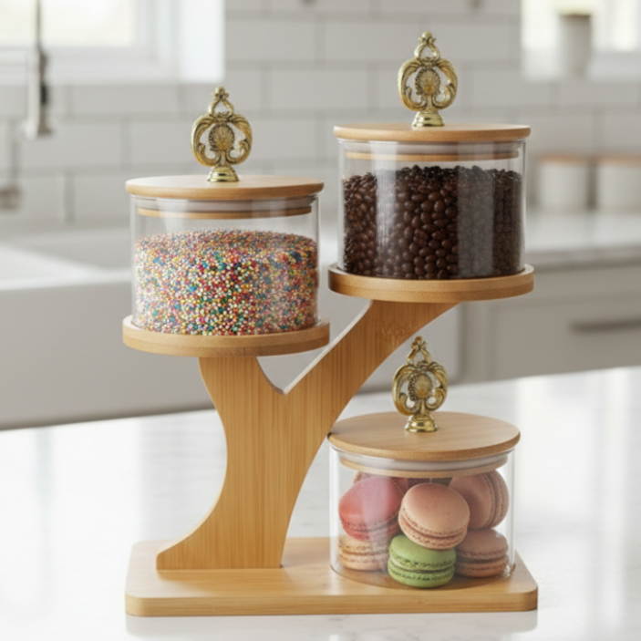 TriLevel Ribbed Glass Container Set with Bamboo Stand - All-In-One Store Pakistan