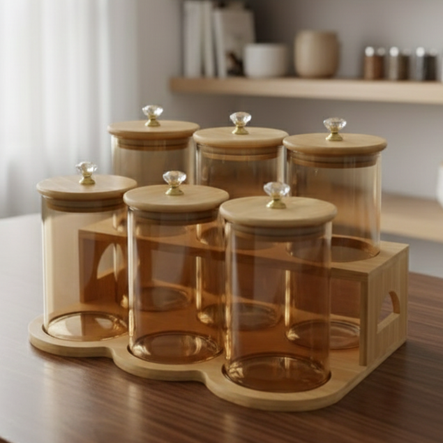 TintedDiamond 6-Pcs Glass Jar Set with Bamboo Stand (1119) - All-In-One Store Pakistan