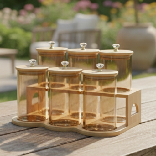 TintedDiamond 6-Pcs Glass Jar Set with Bamboo Stand (1119) - All-In-One Store Pakistan