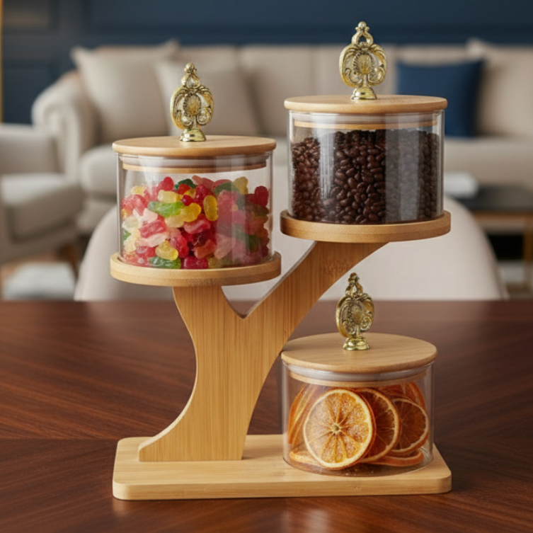 TriLevel Ribbed Glass Container Set with Bamboo Stand - All-In-One Store Pakistan