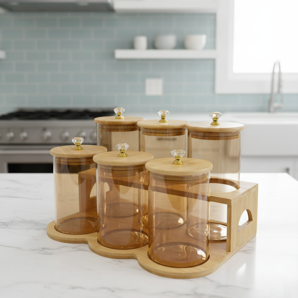 TintedDiamond 6-Pcs Glass Jar Set with Bamboo Stand (1119) - All-In-One Store Pakistan