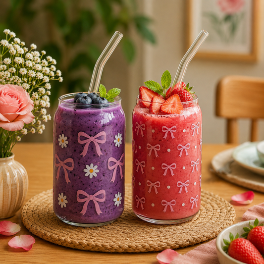 Printed Bow Glass Tumbler with Straw - All-In-One Store Pakistan