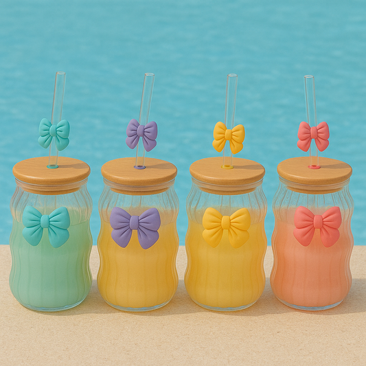 Bow Pattern Glass Tumbler with Wooden Lid & Glass Straw - All-In-One Store Pakistan