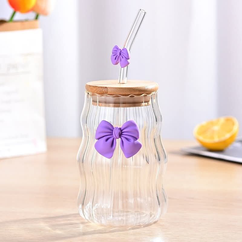 Bow Pattern Glass Tumbler with Wooden Lid & Glass Straw - All-In-One Store Pakistan