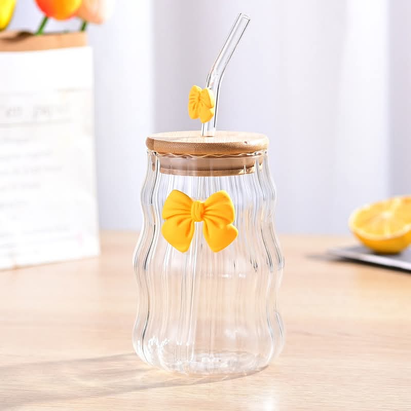 Bow Pattern Glass Tumbler with Wooden Lid & Glass Straw - All-In-One Store Pakistan