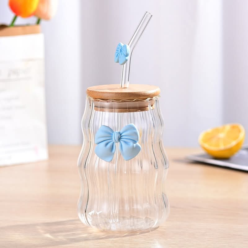 Bow Pattern Glass Tumbler with Wooden Lid & Glass Straw - All-In-One Store Pakistan