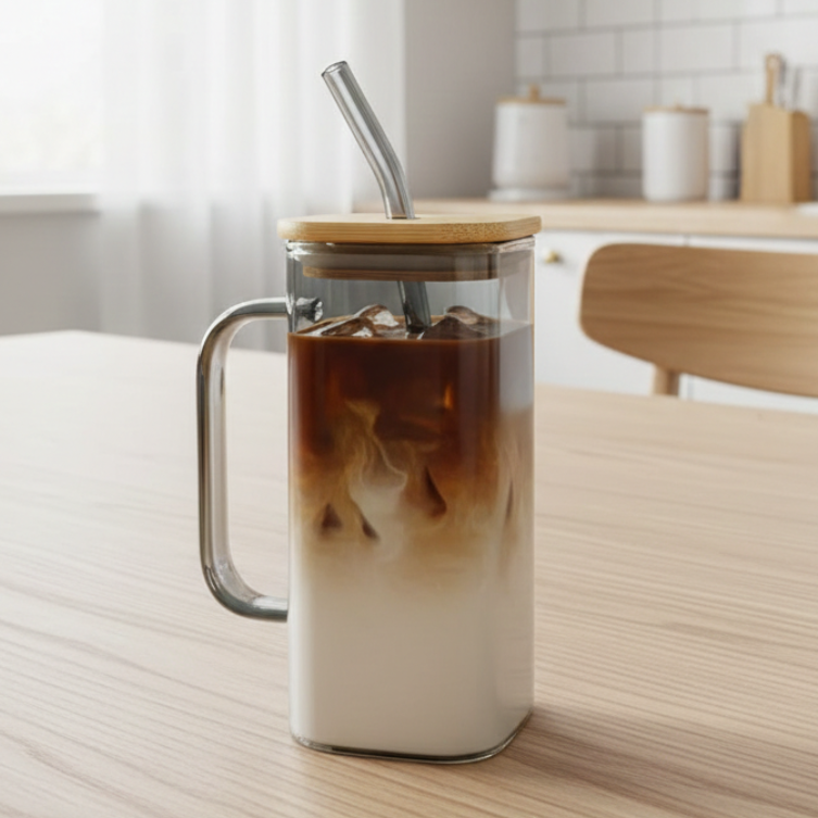 Square Glass Tumbler & Straw with Wooden Airtight Lid - All-In-One Store Pakistan