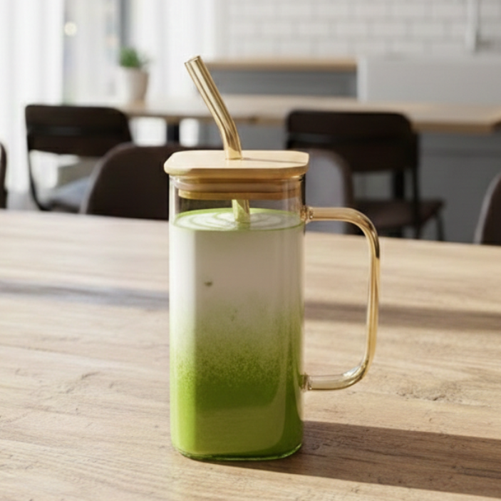 Square Glass Tumbler & Straw with Wooden Airtight Lid - All-In-One Store Pakistan