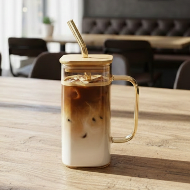 Square Glass Tumbler & Straw with Wooden Airtight Lid - All-In-One Store Pakistan