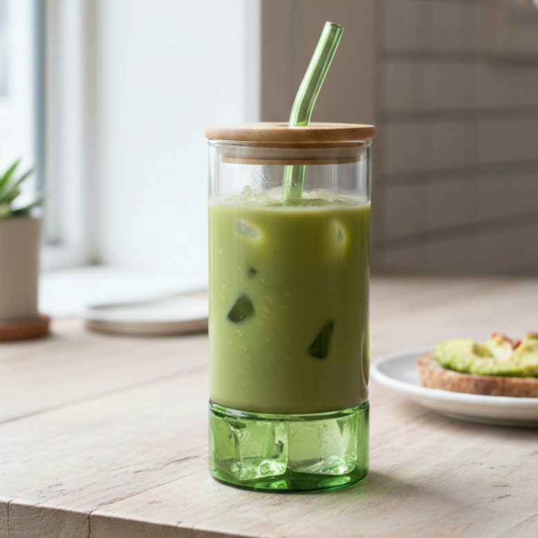 Round Glass Tumbler & Straw with Wooden Airtight Lid - All-In-One Store Pakistan