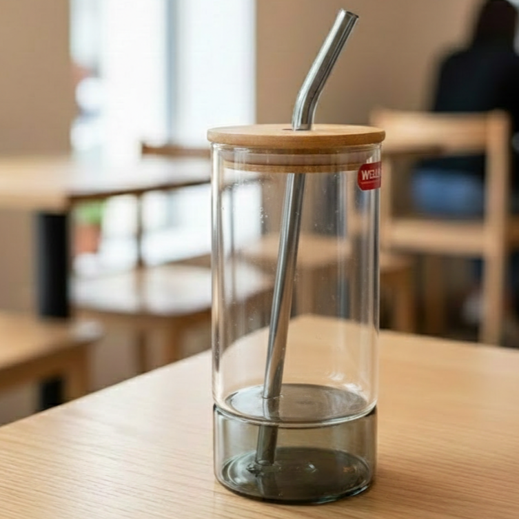 Round Glass Tumbler & Straw with Wooden Airtight Lid - All-In-One Store Pakistan