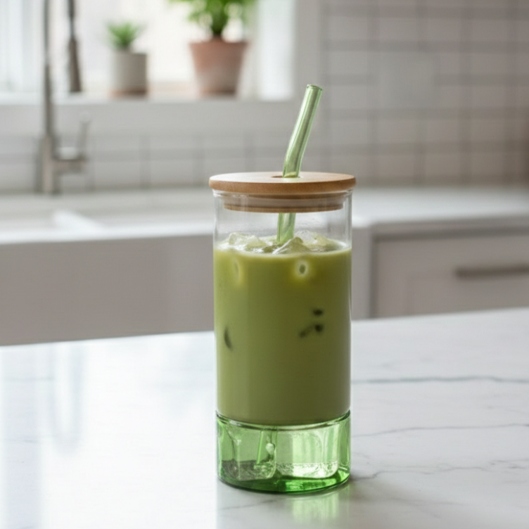 Round Glass Tumbler & Straw with Wooden Airtight Lid - All-In-One Store Pakistan