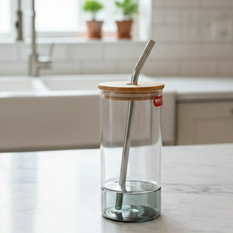 Round Glass Tumbler & Straw with Wooden Airtight Lid - All-In-One Store Pakistan