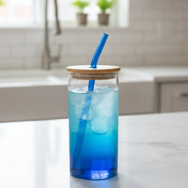 Round Glass Tumbler & Straw with Wooden Airtight Lid - All-In-One Store Pakistan