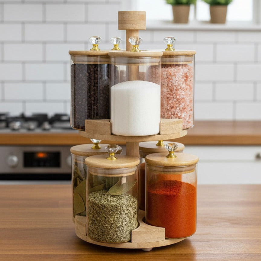 360° Rotating 2-Tier BambooLuxe Spice Tower (1108) - All-In-One Store Pakistan