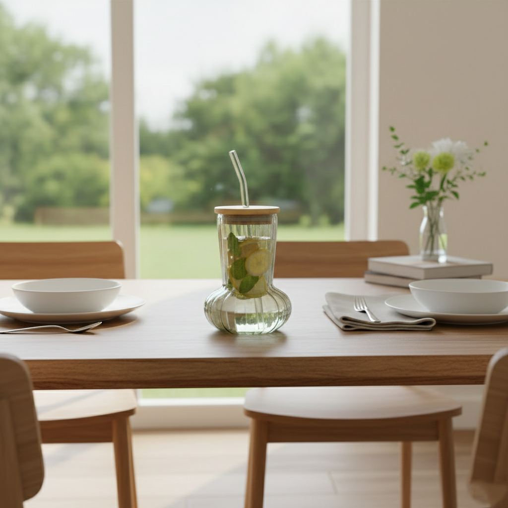 Modish Glass Tumbler with Wooden Lid & Glass Straw - All-In-One Store Pakistan