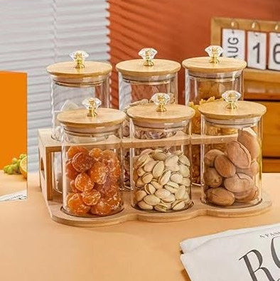 DiamondTop 6-Pcs Glass Jar Set with Bamboo Stand (1118) - All-In-One Store Pakistan