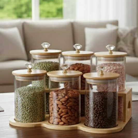 DiamondTop 6-Pcs Glass Jar Set with Bamboo Stand (1118) - All-In-One Store Pakistan