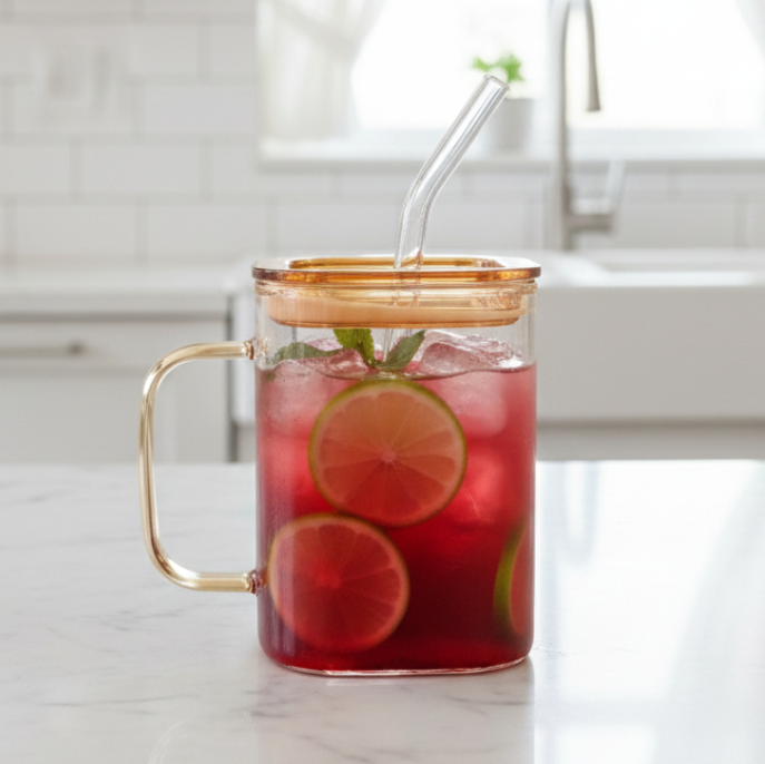Mini Square Glass Tumbler & Straw with Airtight Lid - All-In-One Store Pakistan
