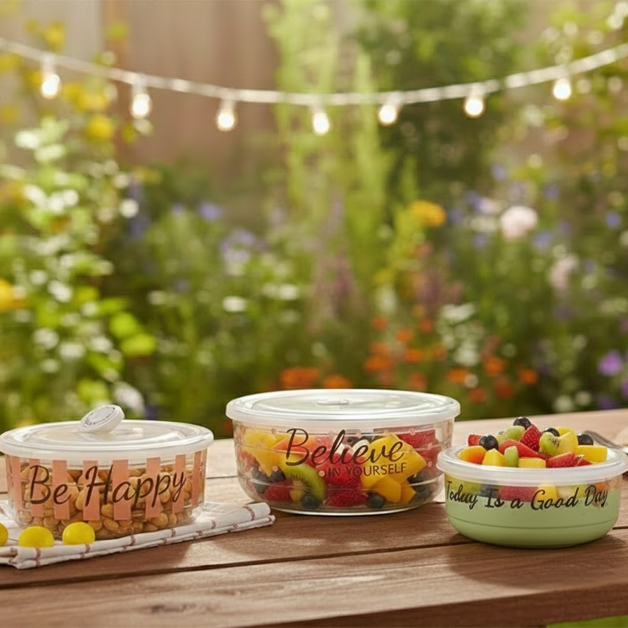 3-Pcs Printed Glass Bowl Set with Vented Lid (2074) by Limon - All-In-One Store Pakistan