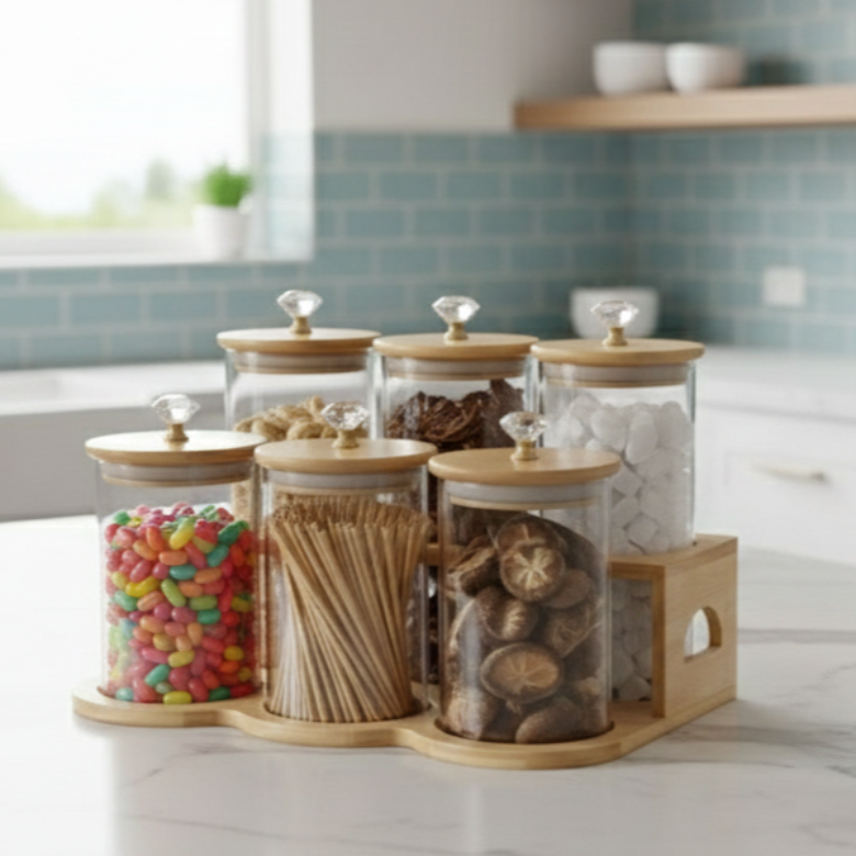 DiamondTop 6-Pcs Glass Jar Set with Bamboo Stand (1118) - All-In-One Store Pakistan