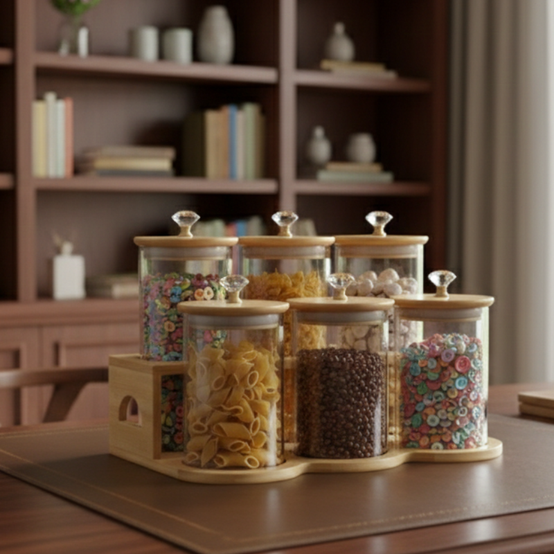 DiamondTop 6-Pcs Glass Jar Set with Bamboo Stand (1118) - All-In-One Store Pakistan