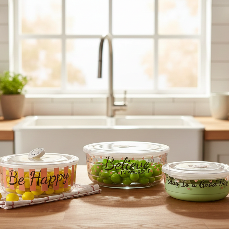 3-Pcs Printed Glass Bowl Set with Vented Lid (2074) by Limon - All-In-One Store Pakistan