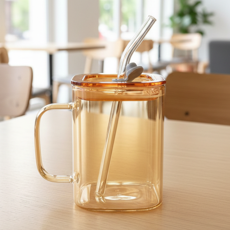 Mini Square Glass Tumbler & Straw with Airtight Lid - All-In-One Store Pakistan