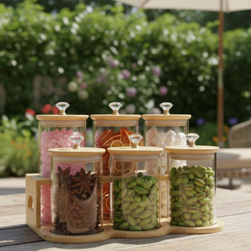 DiamondTop 6-Pcs Glass Jar Set with Bamboo Stand (1118) - All-In-One Store Pakistan