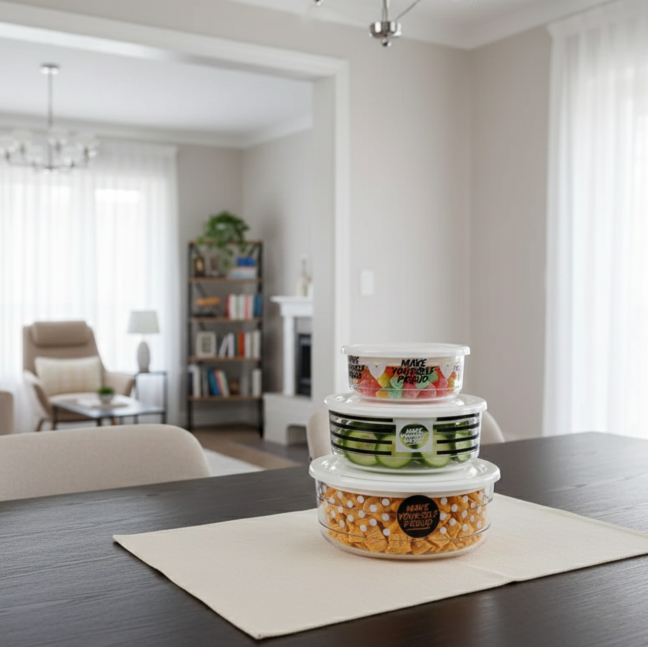 3-Pcs Printed Glass Bowl Set with Vented Lid (2074) by Limon - All-In-One Store Pakistan
