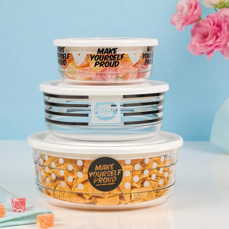 3-Pcs Printed Glass Bowl Set with Vented Lid (2074) by Limon - All-In-One Store Pakistan