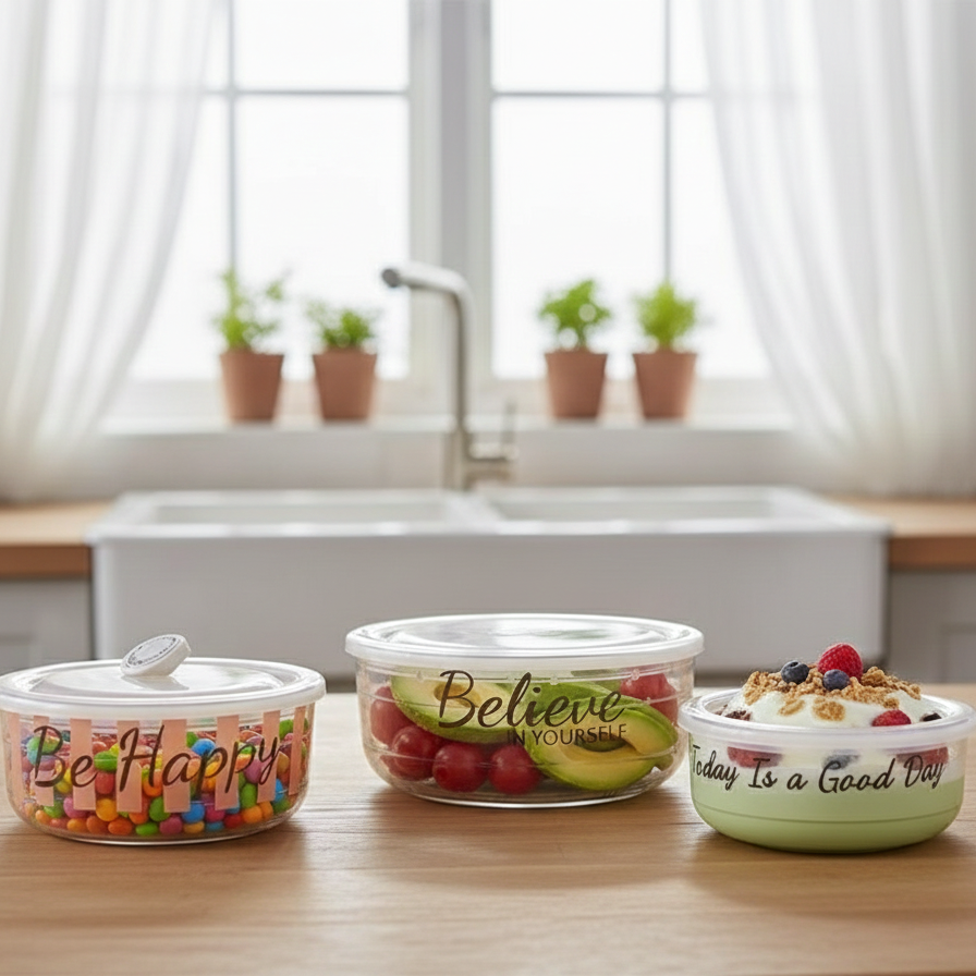 3-Pcs Printed Glass Bowl Set with Vented Lid (2074) by Limon - All-In-One Store Pakistan