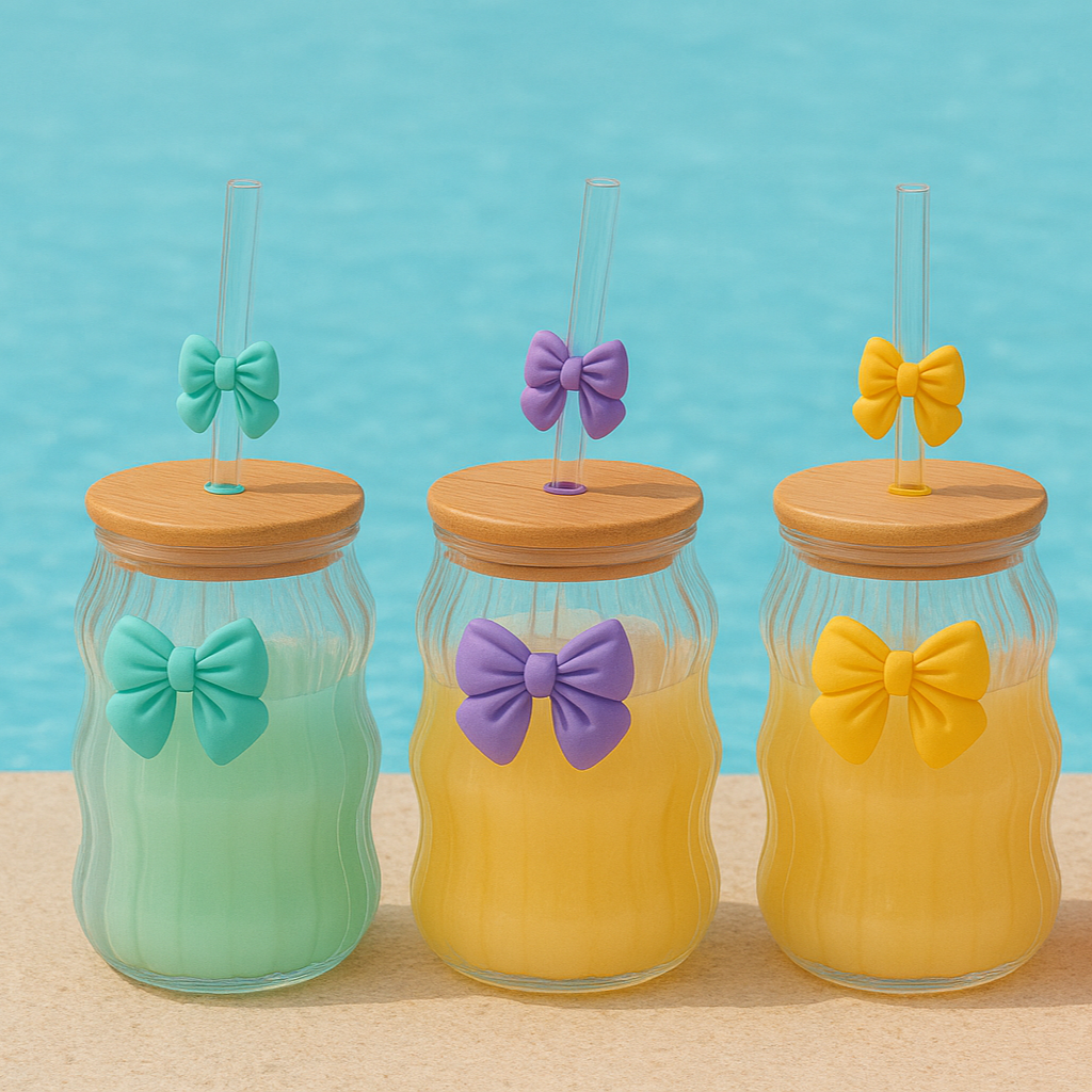 Bow Pattern Glass Tumbler with Wooden Lid & Glass Straw - All-In-One Store Pakistan