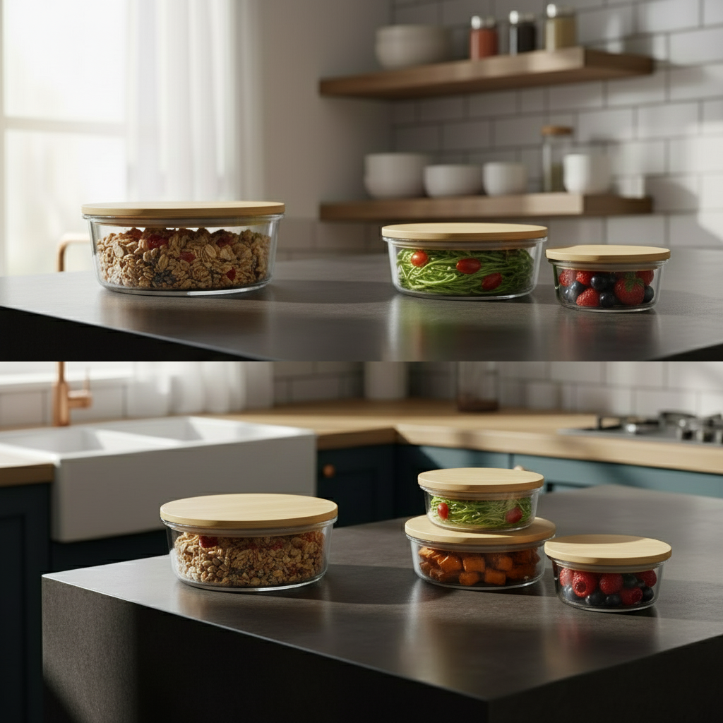 4Pcs Airtight Bamboo-Lid Glass Bowls Set – Round - All-In-One Store Pakistan