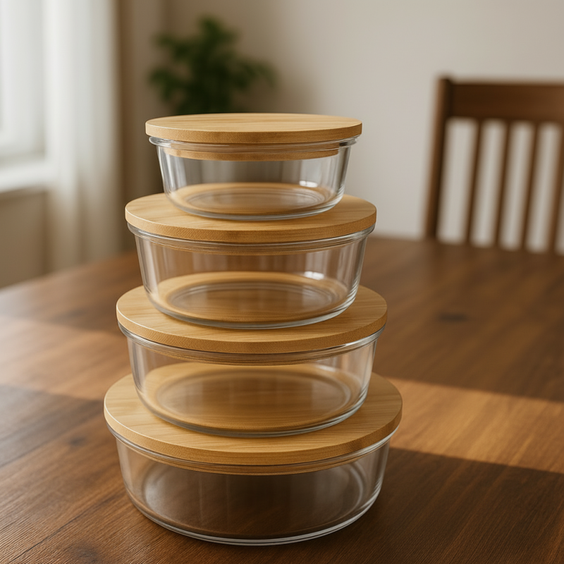 4Pcs Airtight Bamboo-Lid Glass Bowls Set – Round - All-In-One Store Pakistan