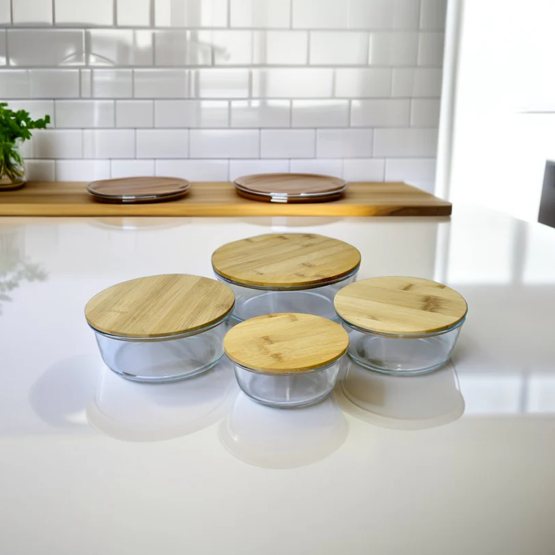 4Pcs Airtight Bamboo-Lid Glass Bowls Set – Round - All-In-One Store Pakistan
