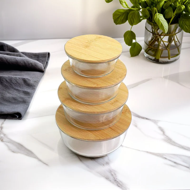 4Pcs Airtight Bamboo-Lid Glass Bowls Set – Round - All-In-One Store Pakistan