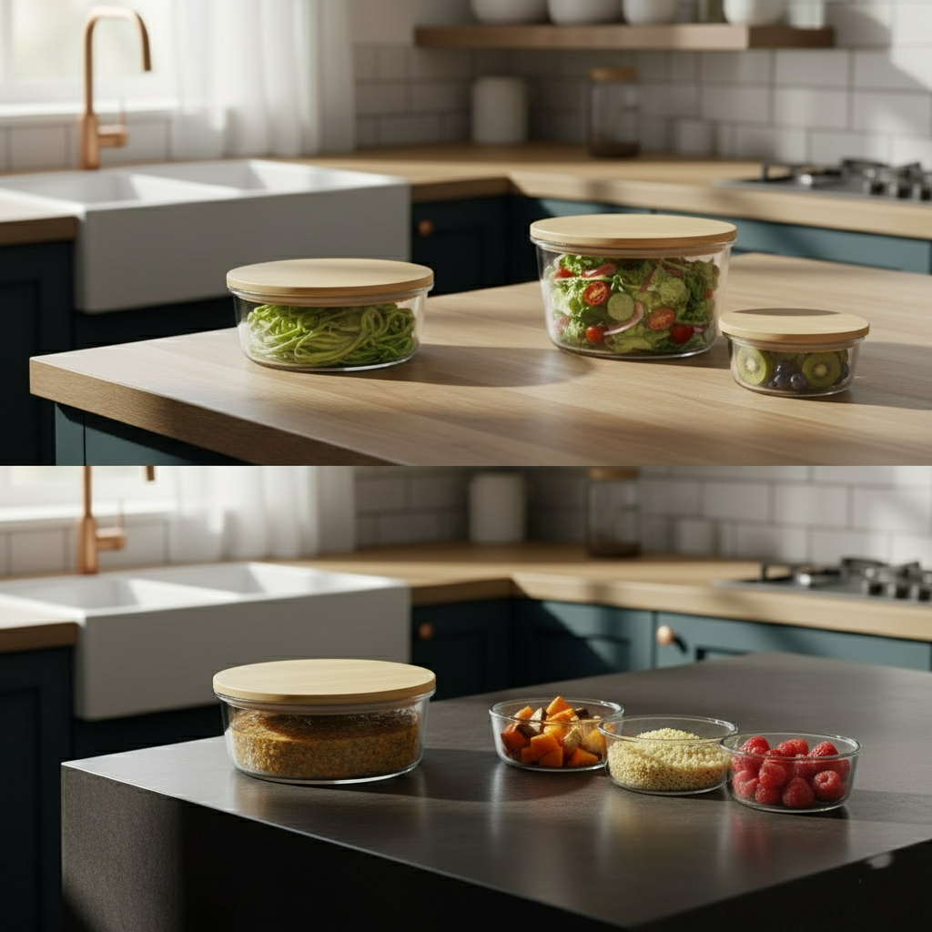 4Pcs Airtight Bamboo-Lid Glass Bowls Set – Round - All-In-One Store Pakistan