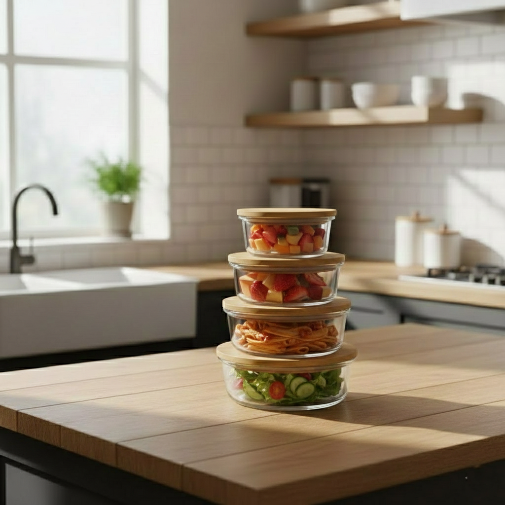 4Pcs Airtight Bamboo-Lid Glass Bowls Set – Round - All-In-One Store Pakistan