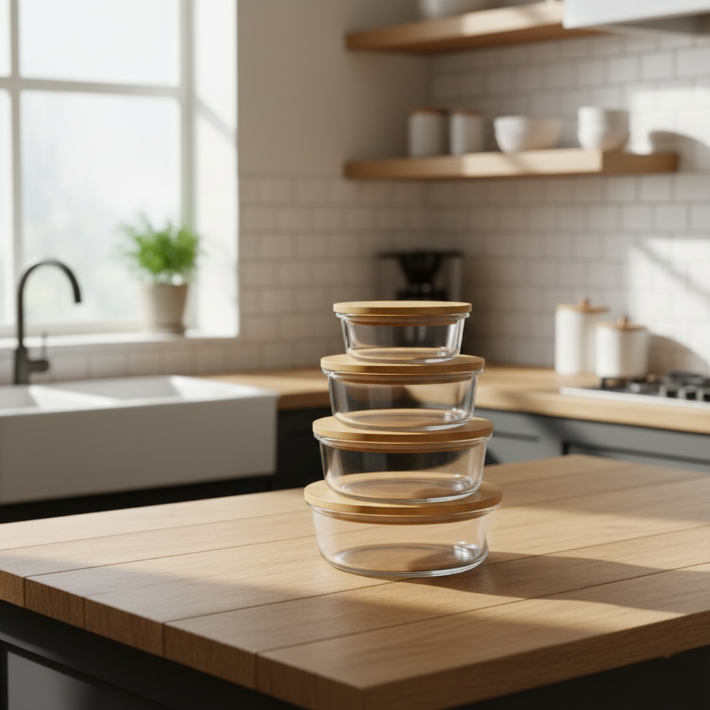 4Pcs Airtight Bamboo-Lid Glass Bowls Set – Round - All-In-One Store Pakistan