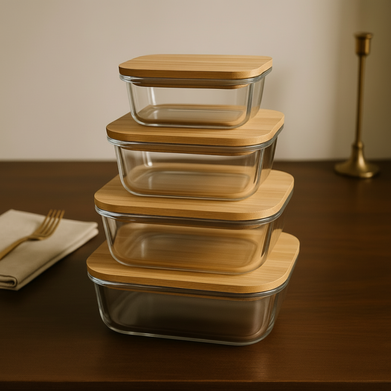 4Pcs Airtight Bamboo-Lid Glass Bowls Set – Rectangle - All-In-One Store Pakistan
