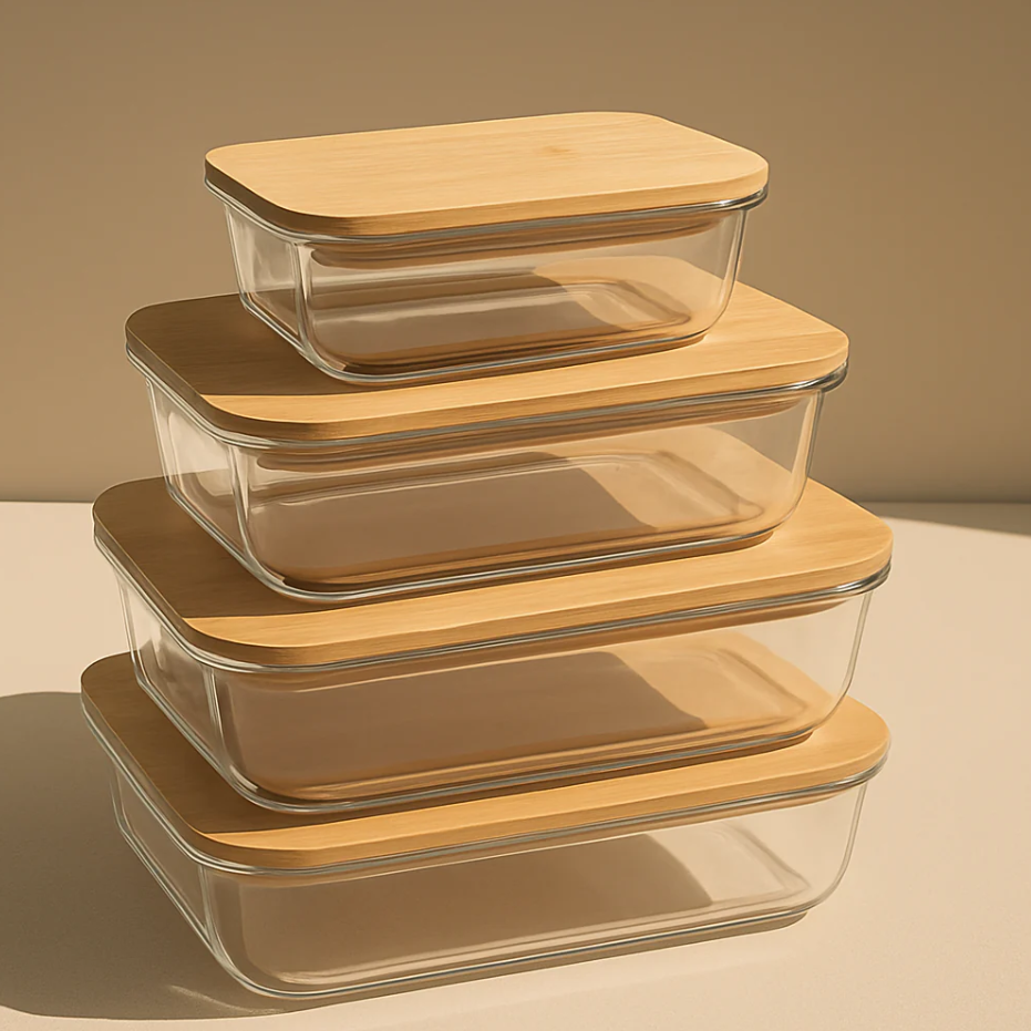 4Pcs Airtight Bamboo-Lid Glass Bowls Set – Rectangle - All-In-One Store Pakistan