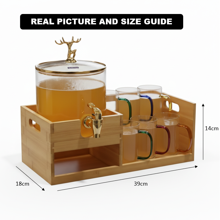 Echou GoldenDeer Glass Dispenser Set with Wooden Stand & 6 Glasses - All-In-One Store Pakistan