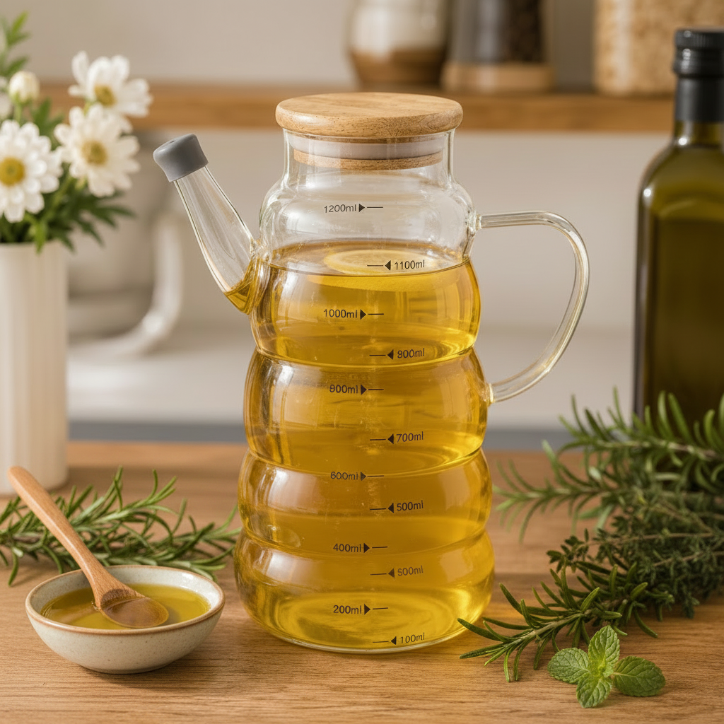 1.2L Glass Oil Jug with Airtight Wooden Lid & Precision Pour Stopper - All-In-One Store Pakistan