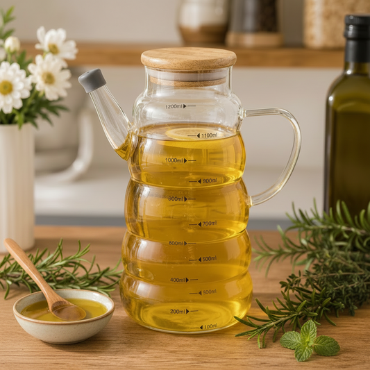 1.2L Glass Oil Jug with Airtight Wooden Lid & Precision Pour Stopper - All-In-One Store Pakistan